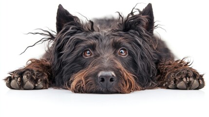 Cute black dog lying down on white background, looking up with big eyes.
