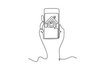 Smart home technology concept. Single line draw design vector graphic illustration.