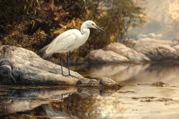 Little Egret Perched On Rock Near Water