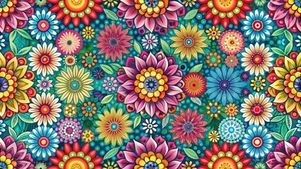 Colorful geometric floral arrangement in a repeating pattern, featuring stylized blooms in various shades and hues, flowers, seamless repeat