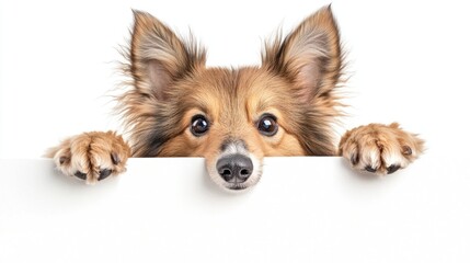 Obraz premium Cute Sheltie dog peeking over white background, paws on the edge.