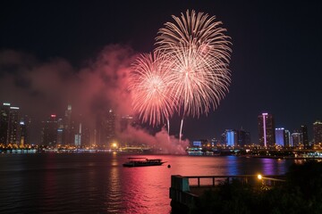 Fototapeta premium Celebrate with fireworks along the river in the big city that beautifully sparkles in the night sky.