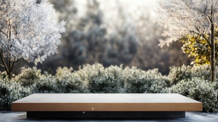 Empty wooden platform in a frosty winter park.
