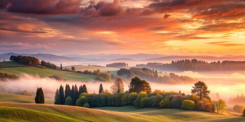 Obraz premium Soft pink and orange hues illuminate a serene landscape with rolling hills and towering trees under a vast cloudy sky at dawn, cloudy sky, hillside