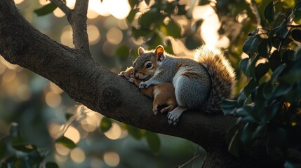 Obraz premium A fluffy grey squirrel naps peacefully on a tree branch at sunset, sunlight filtering through leaves.