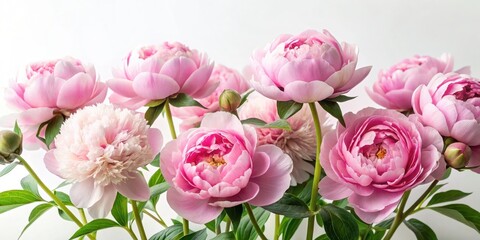 Soft pink peonies flowers in full bloom against a white background with delicate green stems and leaves , flowers