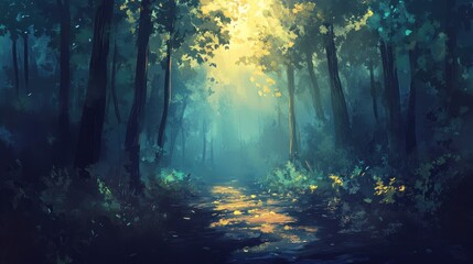 Sunlit path through a mystical, dark forest with tall trees and lush undergrowth.