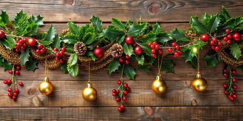 Christmas holly garland with red berries and gold ornaments hung on a wooden mantel, decoration