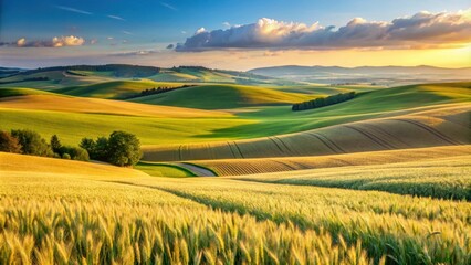 Fototapeta premium Rural landscape with rolling hills and vast fields of wheat, barley, and oats,barley, , barley, wheat, farm, farmstead