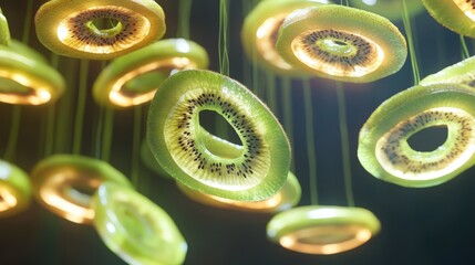 Illuminated Kiwi Slices Suspended In Air