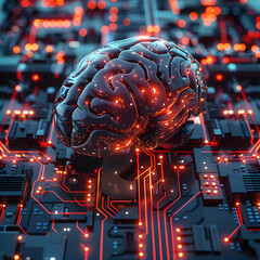 Here is a description for Adobe Stock, along with some good tags:

Description: A human brain resting atop a complex circuit board, illuminated by warm, glowing lights, symbolizing the intersection of