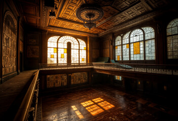 Abandoned Grand Hall with Sunlit Elegance