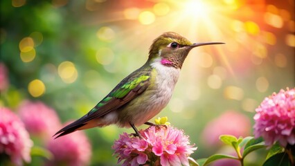 Fototapeta premium Gentle hummingbird perched on a soft pink flower, its iridescent feathers glistening in the warm sunlight, surrounded by lush green foliage and vibrant flowers, wildlife, heart