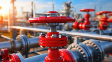 Close-up View of Red Valve and Pipe Racks in a Petroleum Pipeline Facility at Sunset