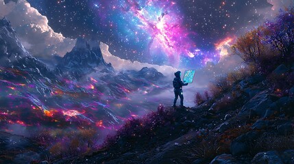 Fototapeta premium Astronaut Explores Alien Landscape With Vibrant Nebula