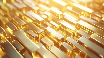 3D Visualization of Stacked Gold Bars with a Shimmering Surface and Attractive Lighting Effects