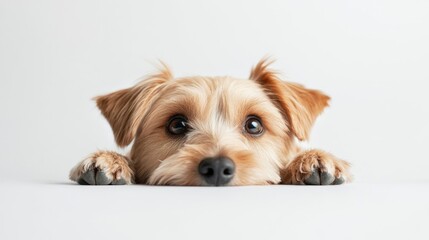 Adorable small dog with fluffy fur peering over a white surface, looking directly at the camera.