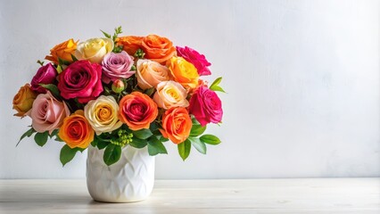A lush floral arrangement in a minimalist setting featuring vibrant roses against a clean and elegant white background, flowers, wall decor