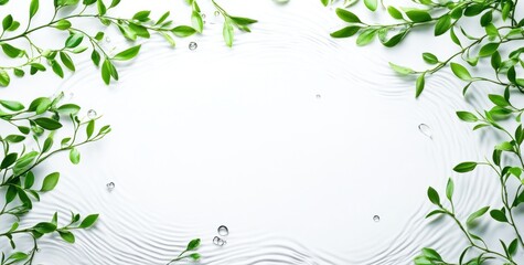 Fresh green leaves border on white wood background with water droplets.