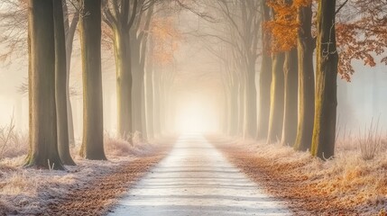 Misty autumn road lined with frost-covered trees.