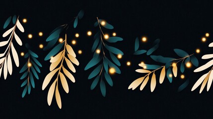 Minimalist teal and gold botanical branches with glowing lights