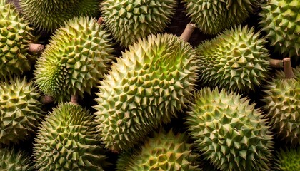 Fototapeta premium Flat Lay Top View of Bright Ripe Fragrant Green Durian Fruit as Background