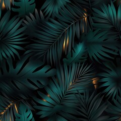 Fototapeta premium Lush composition of teal tropical leaves with gold accents