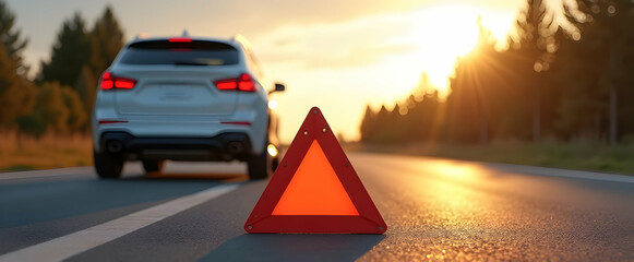 Sunset casts long shadows as a warning triangle signals roadside trouble, a car waits patiently in the golden hour light.