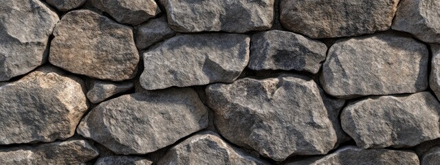 Obraz premium Close-up of a rustic stone wall texture with uneven, rough, gray and brown rocks.