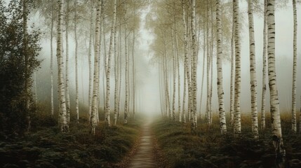 Obraz premium Misty path through birch forest.