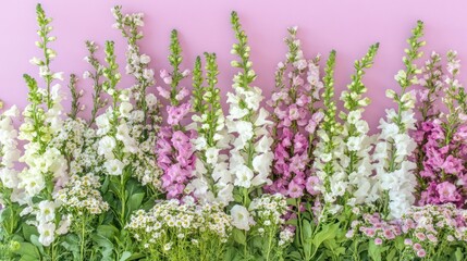 Obraz premium Pink and white flowers arranged in a row against a pink background.