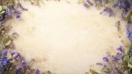Obraz premium Beige textured background decorated with a frame of purple flowers and leaves.