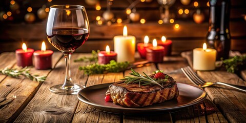 A romantic dinner setup with a grilled steak and red wine on a wooden table, candlelight, dinner