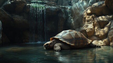 Giant tortoise drinking water in a rocky pool with waterfall.