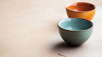 A set of traditional ceramic bowls resting on a smooth paper backdrop, leaving plenty of copy space for text or design elements