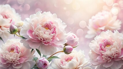 Obraz premium Delicate peony flowers in soft pink and white hues against a seamless white background, petals, blooming, petals, blooming