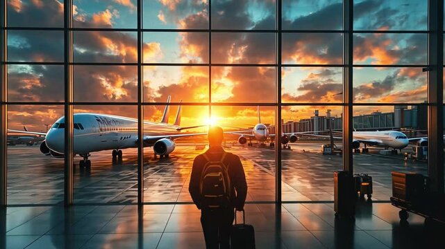 Sunset Departure: A lone traveler silhouetted against a vibrant sunset, contemplates their journey from an airport terminal, airplanes on the tarmac reflecting the golden hour.  