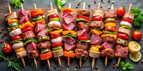 Various types of meat on a skewer, with a variety of colors and textures , colorfulness, skewer,  colorfulness