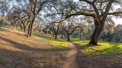 Obraz premium Winding trail through sun-dappled oak grove.
