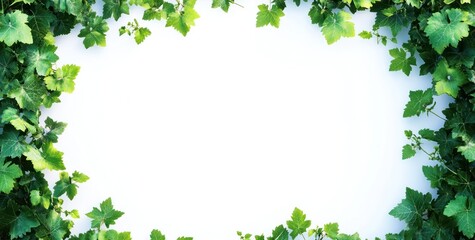 Lush green leaves frame a white background.