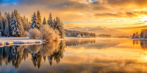 Obraz premium Serene Winter Sunrise over a Tranquil Lake Reflected in Still Waters, Snow-Covered Trees Lining the Shore, and Misty Mountains in the Distance