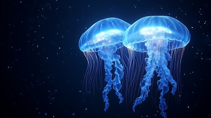 Two luminous blue jellyfish swim gracefully in dark water