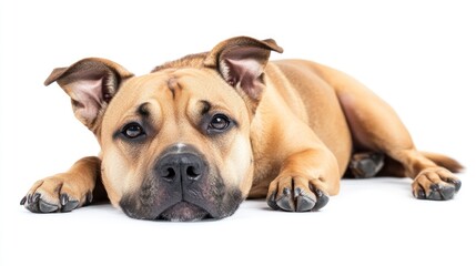 Obraz premium Adorable fawn-colored dog lying down on white background.