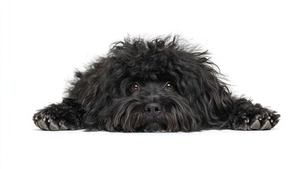 Cute black fluffy dog lying down, paws on white background.