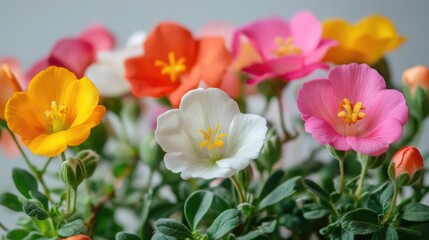 Obraz premium A variety of Portulaca oleracea flowers in different colors, with a soft background and enough space for adding your text or logo