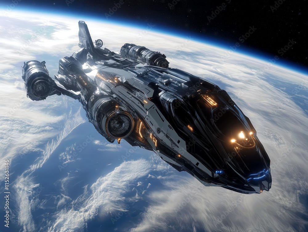 Wall mural a futuristic spaceship is soaring above earth, highlighting its sleek structure and sophisticated te