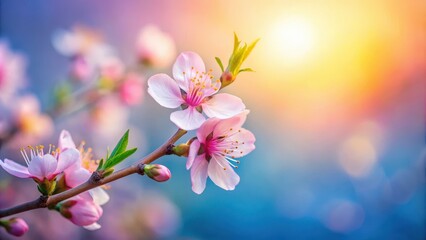 Obraz premium Soft focus peach blossom on a gradient background of pink blue yellow, flower close up