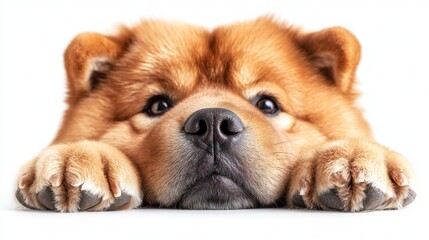 Adorable fluffy chow chow puppy lying down, looking at camera.