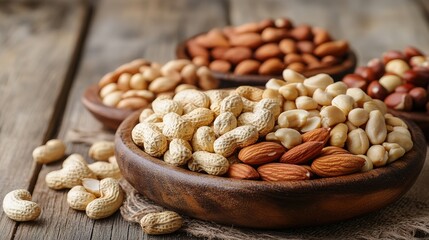 Various types of nuts, including walnuts, almonds, peanuts, cashews, and pistachios, displayed on a clean background, emphasizing the natural textures and rich details of each nut variety, 