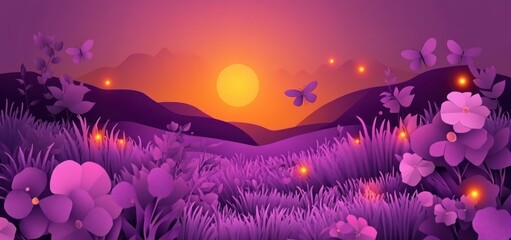 Sunset landscape with purple flowers, grass, butterflies, and fireflies.